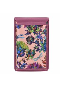Buntblumendesign auf gemustertem Stoff, umrandet mit einem pinken Lederrahmen. Enthält Libellen und lebendige Blumen auf einem pfirsichfarbenen Hintergrund.
