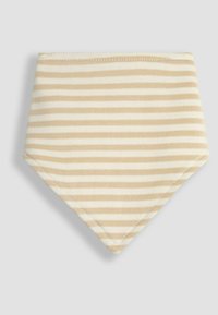 Bavaglino in cotone a righe beige e bianco, con forma triangolare e bordi cuciti per maggiore durata e supporto.