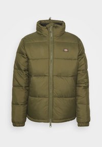 Oliwkowo zielona kurtka puchowa z wysokim kołnierzem, zamkiem z przodu, prążkowanymi mankietami i małą naszywką z logo na lewej piersi. Gładka faktura.