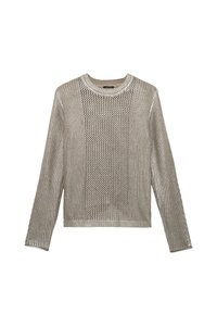 Gebreide trui in lichtbeige met een gestructureerd meshontwerp. Heeft een ronde hals en lange mouwen, met verschillende breipatronen door het geheel.