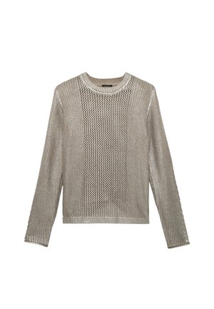 Gebreide trui in lichtbeige met een gestructureerd meshontwerp. Heeft een ronde hals en lange mouwen, met verschillende breipatronen door het geheel.