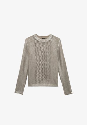 Gebreide trui in lichtbeige met een gestructureerd meshontwerp. Heeft een ronde hals en lange mouwen, met verschillende breipatronen door het geheel.