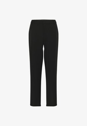 Black trousers with a straight-leg design, featuring a smooth texture, fitted waistband, and no visible embellishments or patterns.