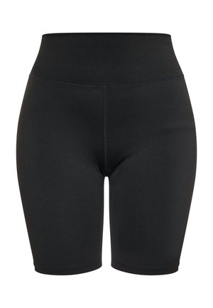Zwarte atletische fietsshorts van gladde, rekbare stof met een hoge tailleband en zonder zichtbare naden of patronen.