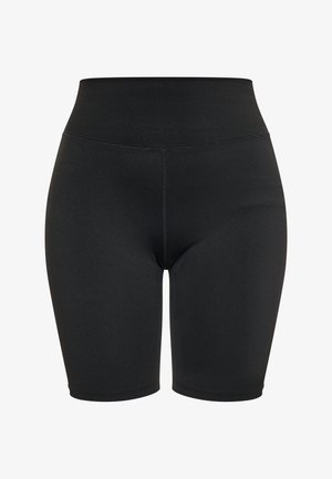 Čierne športové cyklistické šortky vyrobené z hladkej, elastickej látky s vysokým pásom a bez viditeľných švov alebo vzorov.