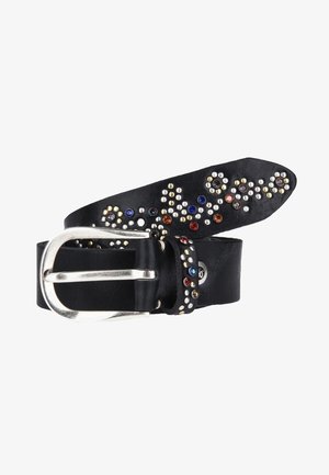 Ceinture en cuir noir avec boucle en argent, décorée de clous ronds multicolores et argentés disposés en motifs floraux.