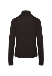 Maglione a collo alto in lana marrone scuro con maniche lunghe e colletto, polsini e orlo a coste, mostrato da dietro su uno sfondo bianco.