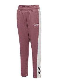 Czerwono-brązowe dresowe spodnie z białą lampasą po bokach i czarnymi akcentami w zygzak. Posiadają elastyczny pas i logo "hummel sportswear". Miękka tkanina.