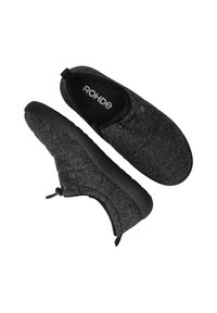 Gray felt slip-on slippers with a textured surface, black rubber soles, and a lace accent. Logo visible on the insole.