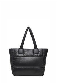 Borsa tote nera imbottita con due manici piatti, caratterizzata da un design trapuntato, texture liscia e dettagli in pelle nera a contrasto.