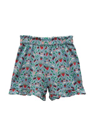 Modré šortky s elastickým pásom a volánikmi na lemoch, s motívom červených a ružových jahôd a zelených listov.