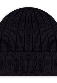 Berretto lavorato a maglia nero con una texture a coste, caratterizzato da linee verticali e un risvolto nella parte inferiore. Design semplice, stile versatile.