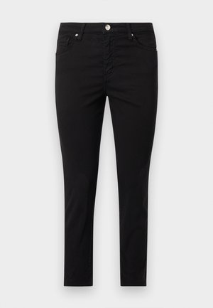 Black slim-fit pants with front button, zipper closure, and belt loops, shown flat against a plain background.