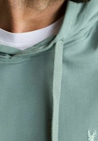 Mikina s kapucí ze světle zelené bavlny, s texturovanou šňůrkou a bílou vnitřní vrstvou, na hrudi s malým vyšitým logem.