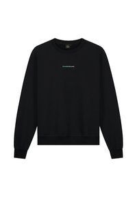 Zwarte sweatshirt met een ronde hals. Heeft lange mouwen, een geribde zoom en een klein blauw-groen "TOMORROWLAND" logo op de borst.