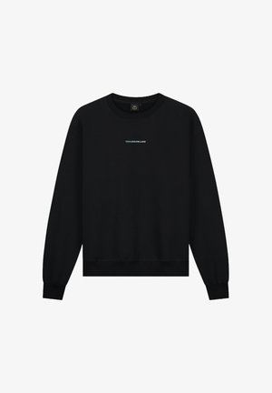 Zwarte sweatshirt met een ronde hals. Heeft lange mouwen, een geribde zoom en een klein blauw-groen "TOMORROWLAND" logo op de borst.