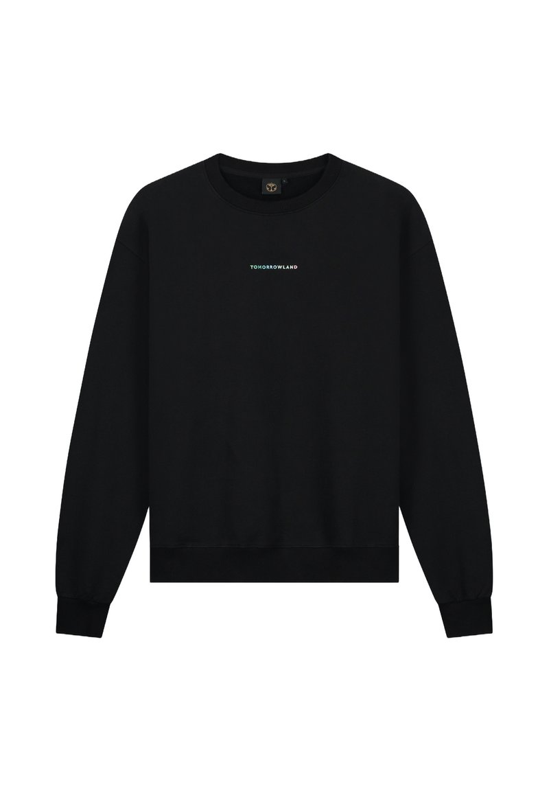 Zwarte sweatshirt met een ronde hals. Heeft lange mouwen, een geribde zoom en een klein blauw-groen "TOMORROWLAND" logo op de borst.