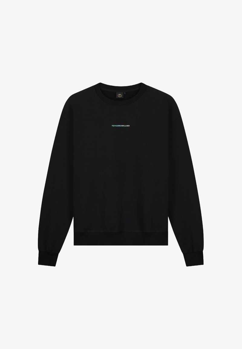 Zwarte sweatshirt met een ronde hals. Heeft lange mouwen, een geribde zoom en een klein blauw-groen "TOMORROWLAND" logo op de borst.