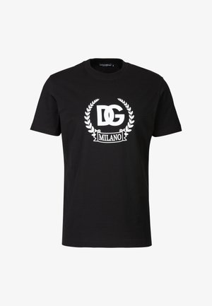 Schwarzes Baumwoll-T-Shirt mit kurzen Ärmeln. Mit einem weißen Logo und Lorbeerdesign auf der Vorderseite. Klassischer Rundhalsausschnitt. Standardpassform.