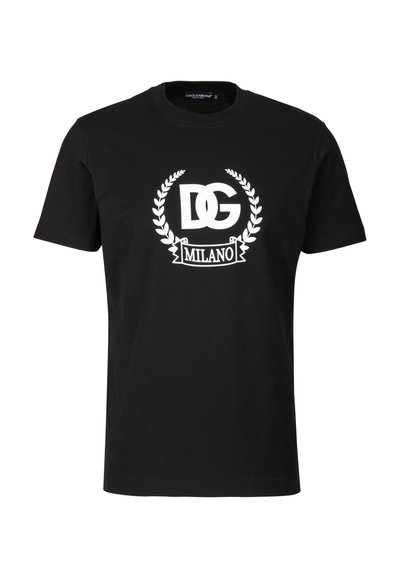 Zwarte katoen T-shirt met korte mouwen. Voorzien van een wit logo en laurierontwerp op de voorkant. Klassieke ronde hals. Standaard pasvorm.