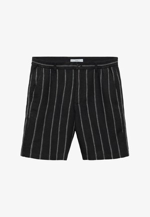 Čierne nohavice vyrobené z látky s vertikálnymi bielymi pruhmi, ktoré majú zapínanie na gombík, pútka na opasok a bočné vrecká.