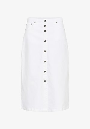 Fehér farmer szoknya egyenes szabással, elől gombos záródással, ezüstszínű gombokkal és oldalzsebekkel.