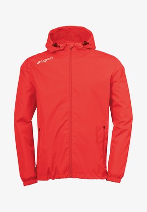 Rode lichtgewicht jas met een capuchon, volle ritssluiting aan de voorkant, elastische manchetten en uhlsport logo op de borst. Gladde textuur, windbestendig materiaal.