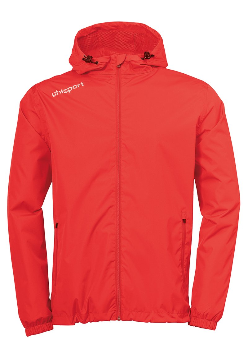 Giacca leggera rossa con cappuccio, zip frontale completa, polsini elastici e logo uhlsport sul petto. Tessuto liscio, materiale resistente al vento.