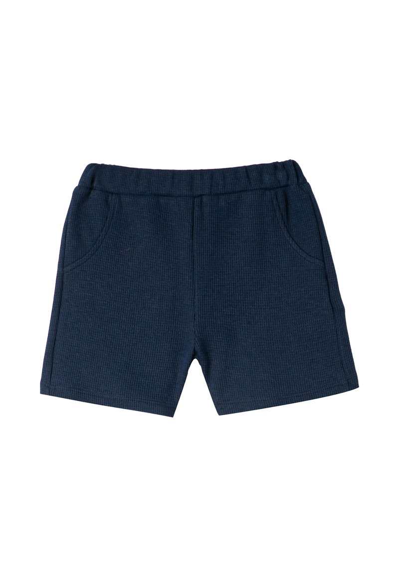 Mörkblå shorts i ribbat tyg, med elastisk midja och två sidofickor. Kort längd.