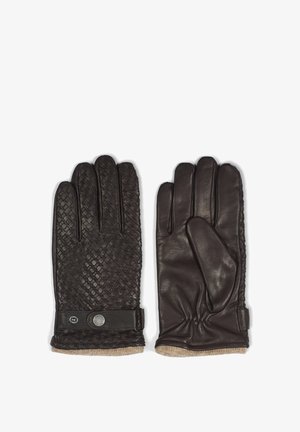 Brown leather gloves featuring a woven texture on one side and smooth leather on the other, with a knit cuff and snap closure detail.