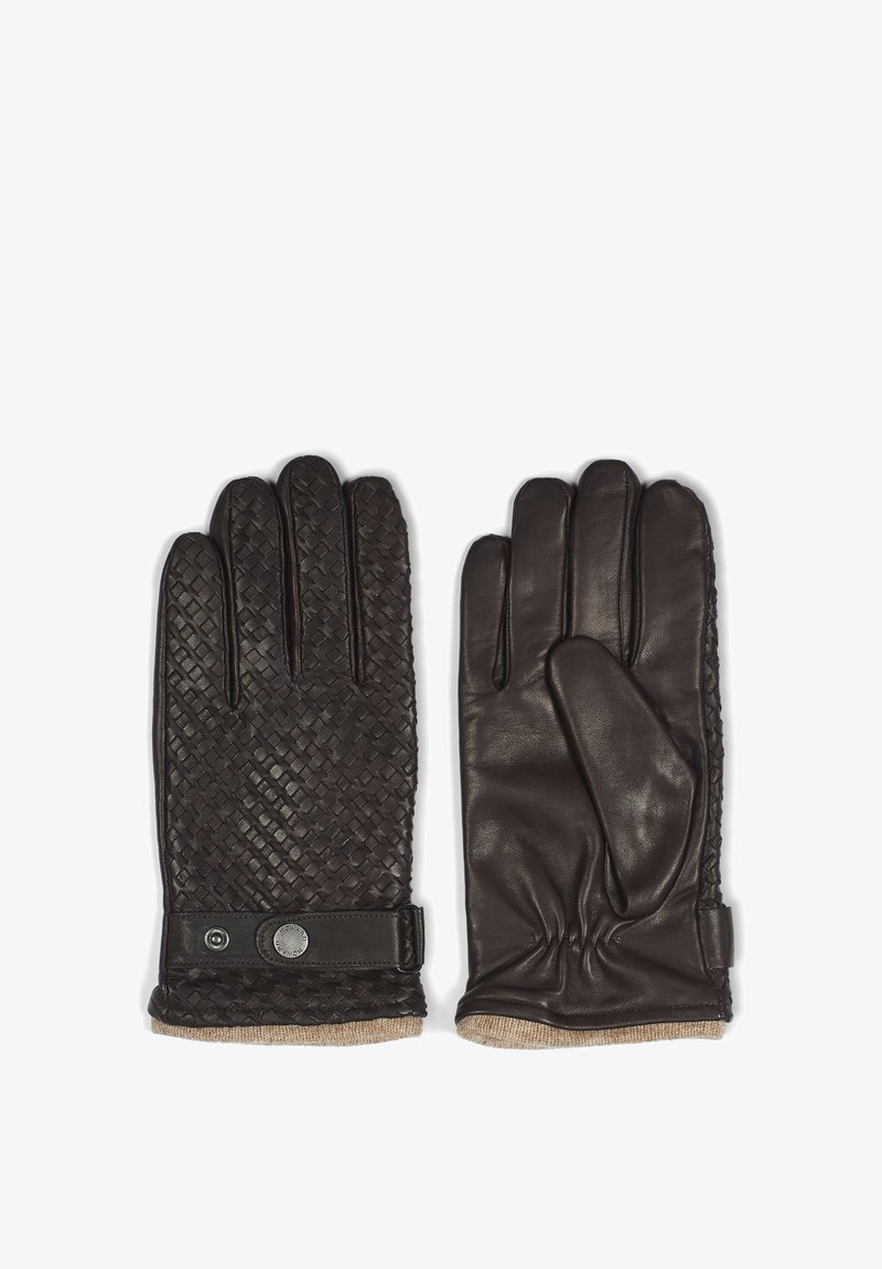 Ruskeat nahkakäsineet, joissa on toisella puolella kudottu pinta ja toisella puolella sileä nahka, sekä neulotut hihansuukohdat ja napitusyksityiskohta.