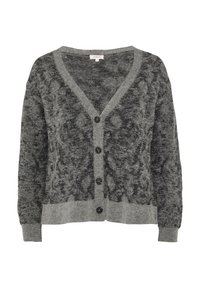 Grijs gebreid cardigan met een v-halslijn en lange mouwen. Heeft een textuurpatroon en zes zwarte knopen aan de voorkant.