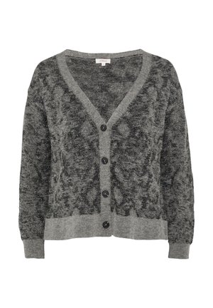 Grauer Strickcardigan mit V-Ausschnitt und langen Ärmeln. Besitzt ein strukturiertes Muster und sechs schwarze Knöpfe auf der Vorderseite.