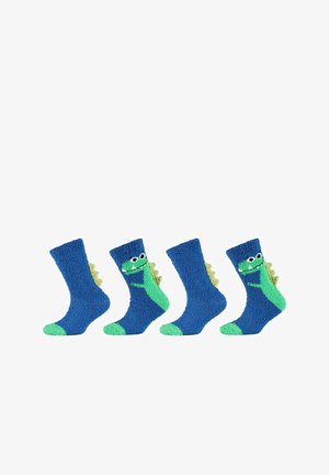 Calzini blu morbidi con dettagli verdi e stampa di dinosauri. Presentano spine verdi sul tallone. Quattro paia sono mostrati insieme.