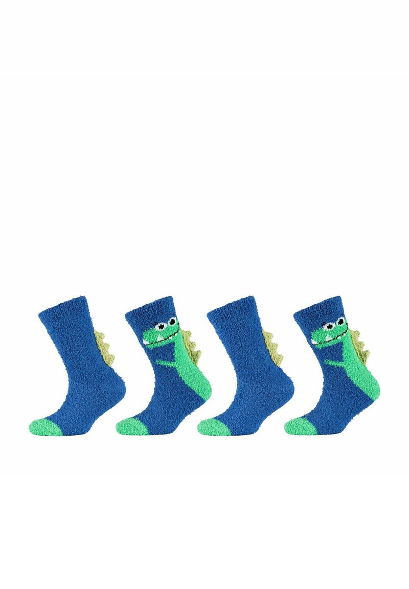 Calzini blu morbidi con dettagli verdi e stampa di dinosauri. Presentano spine verdi sul tallone. Quattro paia sono mostrati insieme.