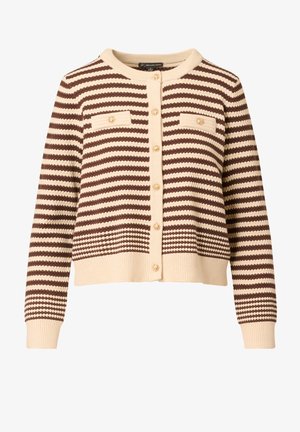 Braun- und cremefarbener gestreifter Cardigan mit rundem Halsausschnitt, gerippten Bündchen und zwei Brusttaschen. Ausgestattet mit goldfarbenen Knöpfen und einem cropped Design.