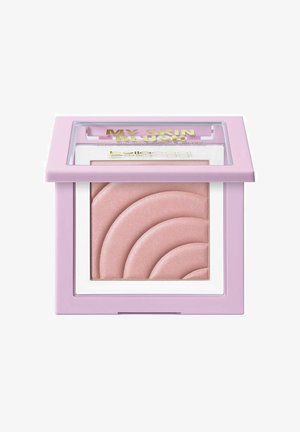 Compatto di fard con un involucro di plastica viola chiaro, coperchio trasparente e prodotto in rilievo rosa con motivi a onde curve. Testo dorato sopra.