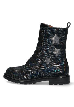 Black ankle boots adorned with multicolored rhinestones, featuring three silver star accents and a textured surface, with a round toe and laces.
