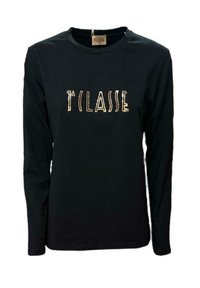 Schwarzes Langarm-T-Shirt aus Baumwolle, mit dem Text "1° CLASSE" in metallic goldener Schrift auf der Vorderseite. Schlichter Rundhalsausschnitt.