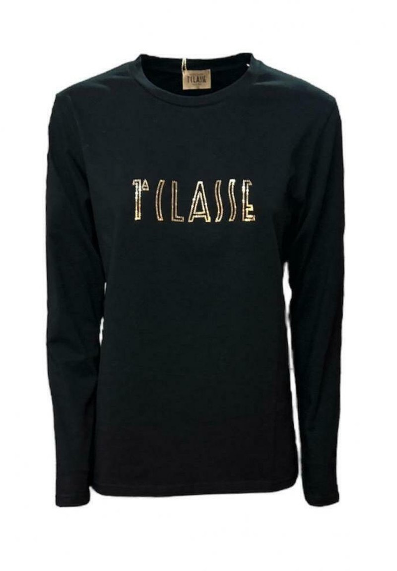 Schwarzes Langarm-T-Shirt aus Baumwolle, mit dem Text "1° CLASSE" in metallic goldener Schrift auf der Vorderseite. Schlichter Rundhalsausschnitt.