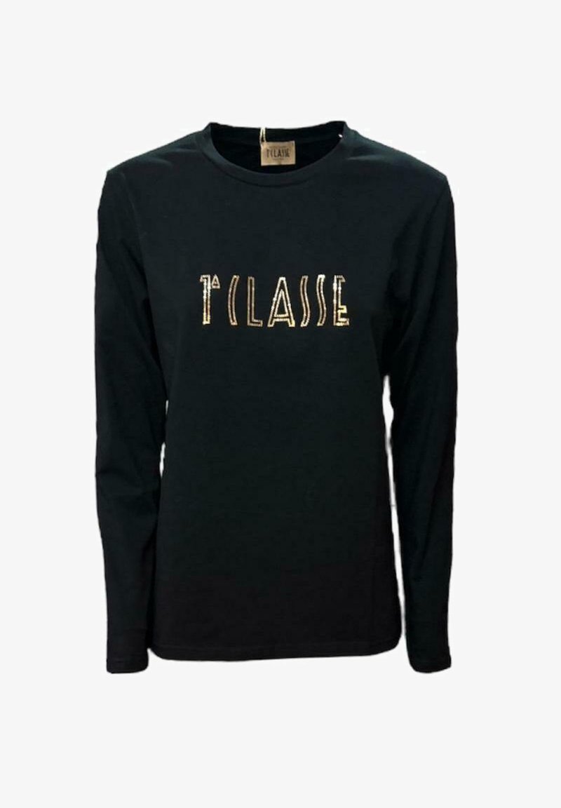 Zwarte lange mouwen T-shirt van katoen, met de tekst "1° CLASSE" in metallic gouden print over de voorkant. Eenvoudige ronde halslijn.