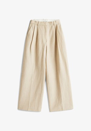 Pantalons larges beige en tissu mélangé de lin. Avec des plis, des poches latérales et une taille avec passants de ceinture. Fini lisse et texturé.