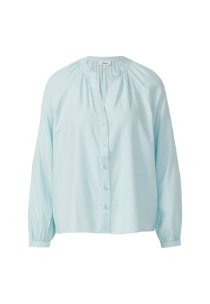 Himmelblaue Bluse mit langen Ärmeln aus weichem Material, mit durchgehender Knopfleiste, gerafftem Ausschnitt und elastischen Manschetten. Entspanntes Fit-Design.