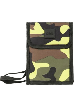 Camouflage wallet in shades of green, brown, and yellow, made of durable fabric with a folding flap and a branded black label.