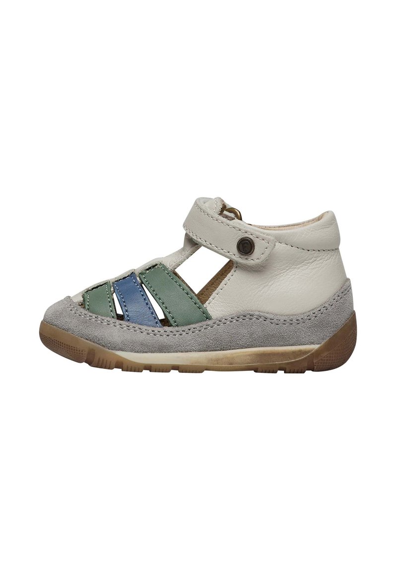 Sandale en cuir et en daim blanche, grise et verte avec un dos fermé, un bout ouvert et une sangle réglable. Présente plusieurs sangles de couleurs.