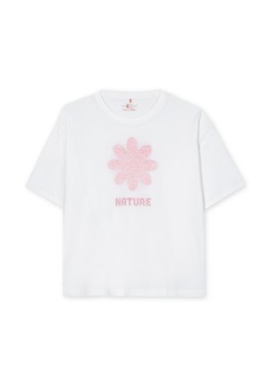 White cotton t-shirt featuring a pink flower design and the word "NATURE" in pink text, short sleeves, and a round neckline.