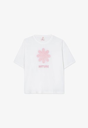White cotton t-shirt featuring a pink flower design and the word "NATURE" in pink text, short sleeves, and a round neckline.