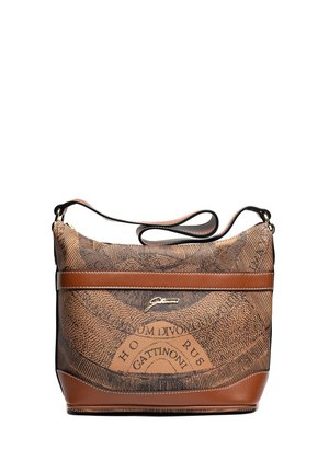 Sac à épaule en cuir marron et toile avec un design imprimé noir, un logo Gattinoni doré et une sangle réglable.