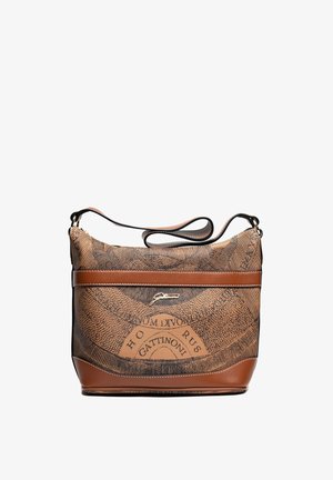 Bruine leren en canvas schoudertas met zwart bedrukt ontwerp, goudkleurig Gattinoni-logo en verstelbare schouderband.