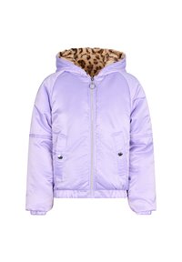Giacca puffer con cappuccio di colore lilla chiaro, con zip frontale, due tasche con bottone a pressione e fodera in pile con stampa leopardata all'interno del cappuccio.